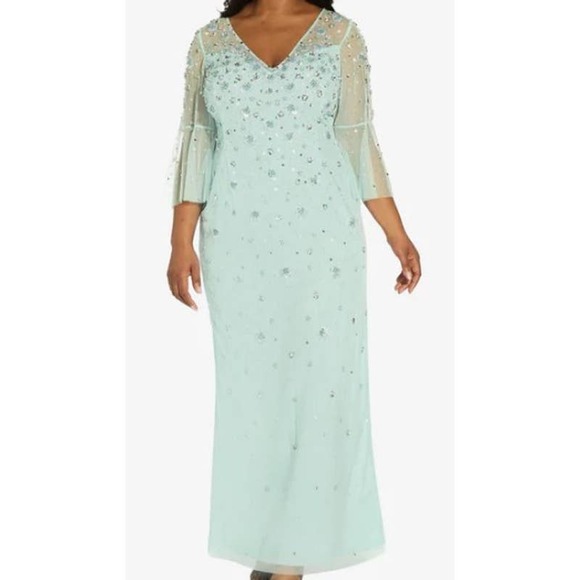 Adrianna Papell | Dresses | Adrianna Papell Sz 6 Sea Glass 3d Floral Bell Sleeve Column Gown Nwt 